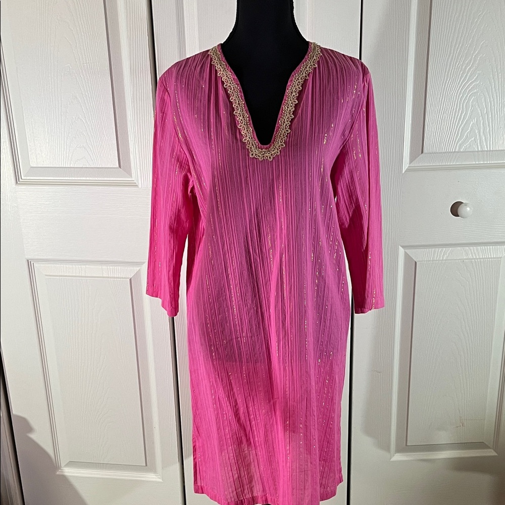 Lilly Pulitzer Esme Lurex Pink Gold Crinkle Dress Tunic Coverup Size Small